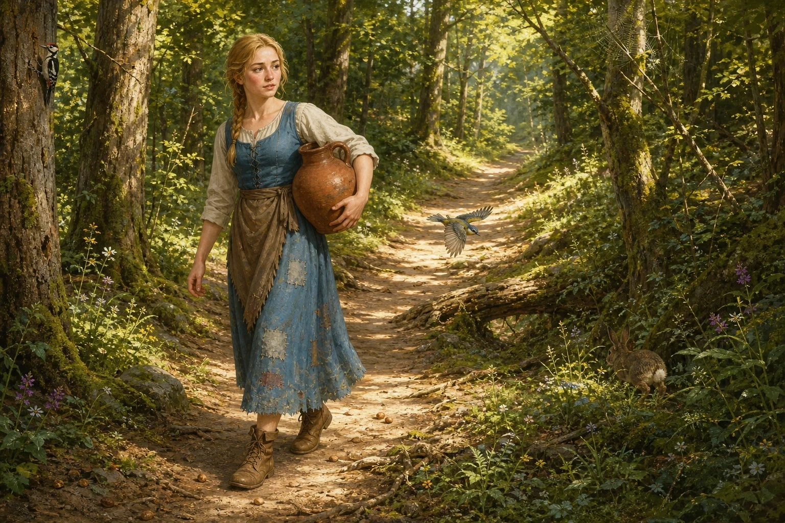 So the younger daughter set off, as she did every day, carrying the big pitcher down the winding path that led away from the village and into the trees. So the younger daughter set off, as she did every day, carrying the big pitcher down the winding path that led away from the village and into the trees.