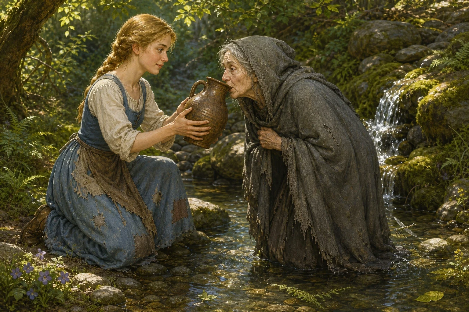 At last she reached the spring, a clear little pool where water bubbled up cold and bright between mossy stones. As she was filling her pitcher, a poor old… At last she reached the spring, a clear little pool where water bubbled up cold and bright between mossy stones. As she was filling her pitcher, a poor old…