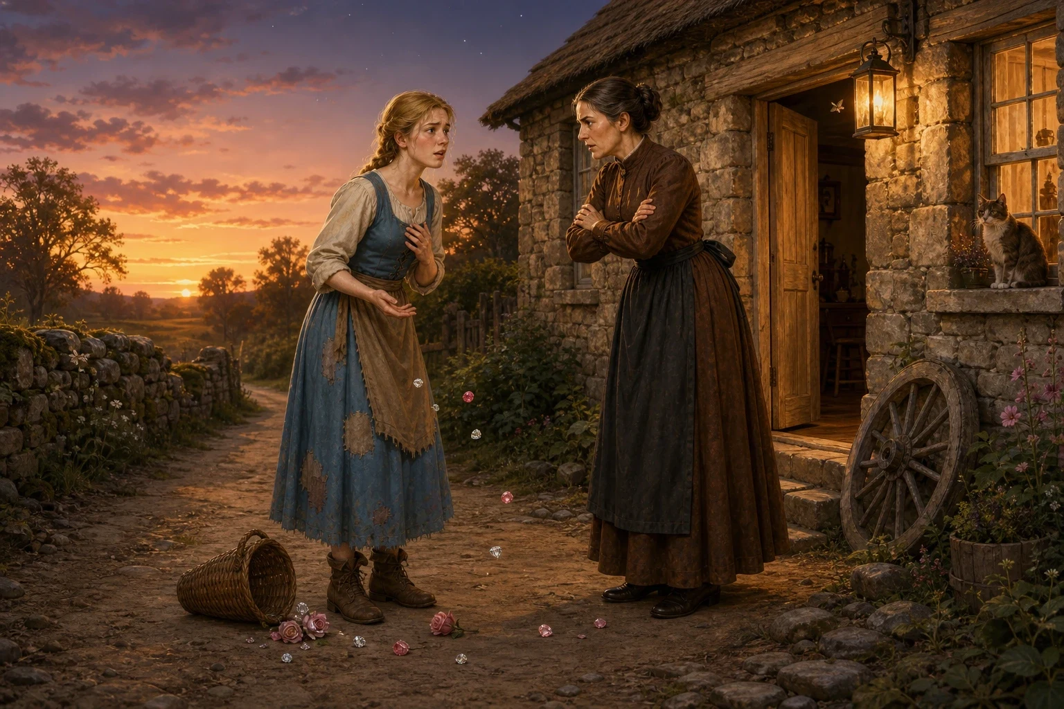 The younger daughter hurried home as fast as the heavy pitcher allowed, but the sun was already low by the time she reached the lane, and her mother was waiting… The younger daughter hurried home as fast as the heavy pitcher allowed, but the sun was already low by the time she reached the lane, and her mother was waiting…