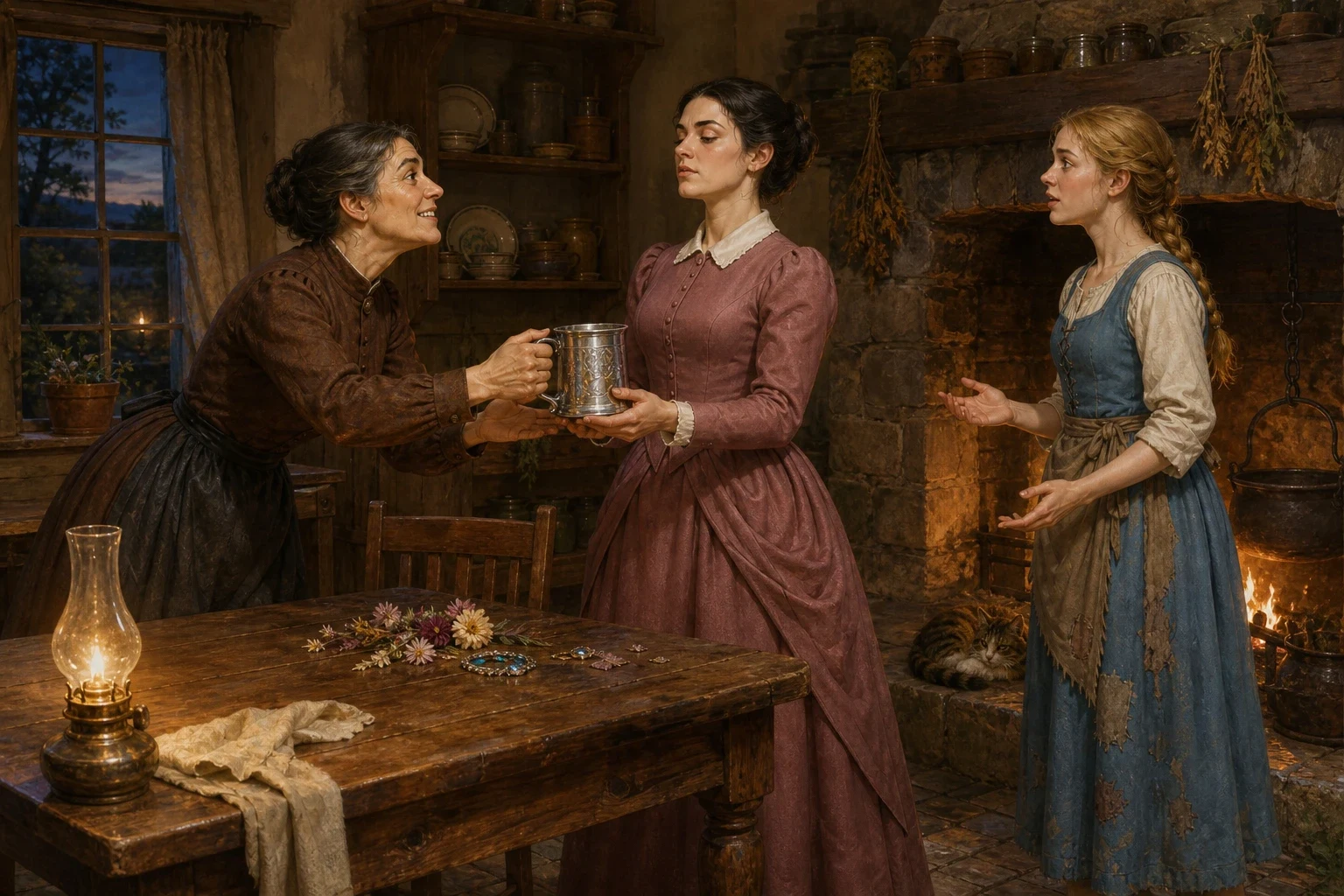 Inside, by firelight, the mother made her younger daughter tell the whole story again — the spring, the poor old woman, the kind words, the gift — gathering up… Inside, by firelight, the mother made her younger daughter tell the whole story again — the spring, the poor old woman, the kind words, the gift — gathering up…