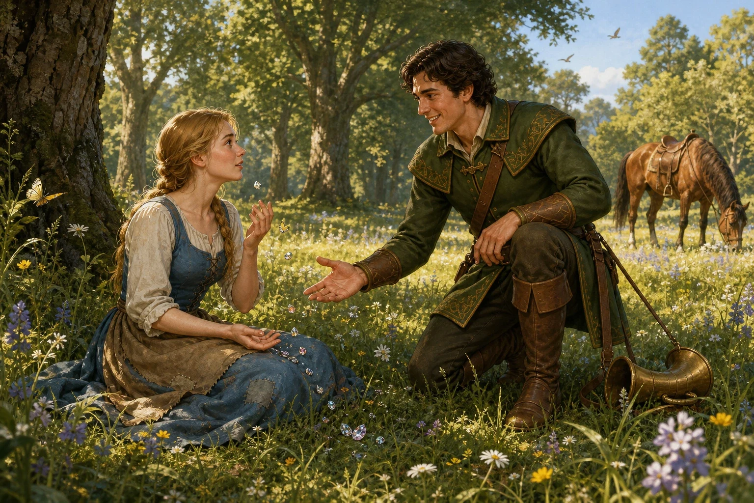 In the morning, a king's son came riding through the forest on a hunt, and finding the path ahead blocked by brambles, he rode on alone into a sunlit clearing —… In the morning, a king's son came riding through the forest on a hunt, and finding the path ahead blocked by brambles, he rode on alone into a sunlit clearing —…