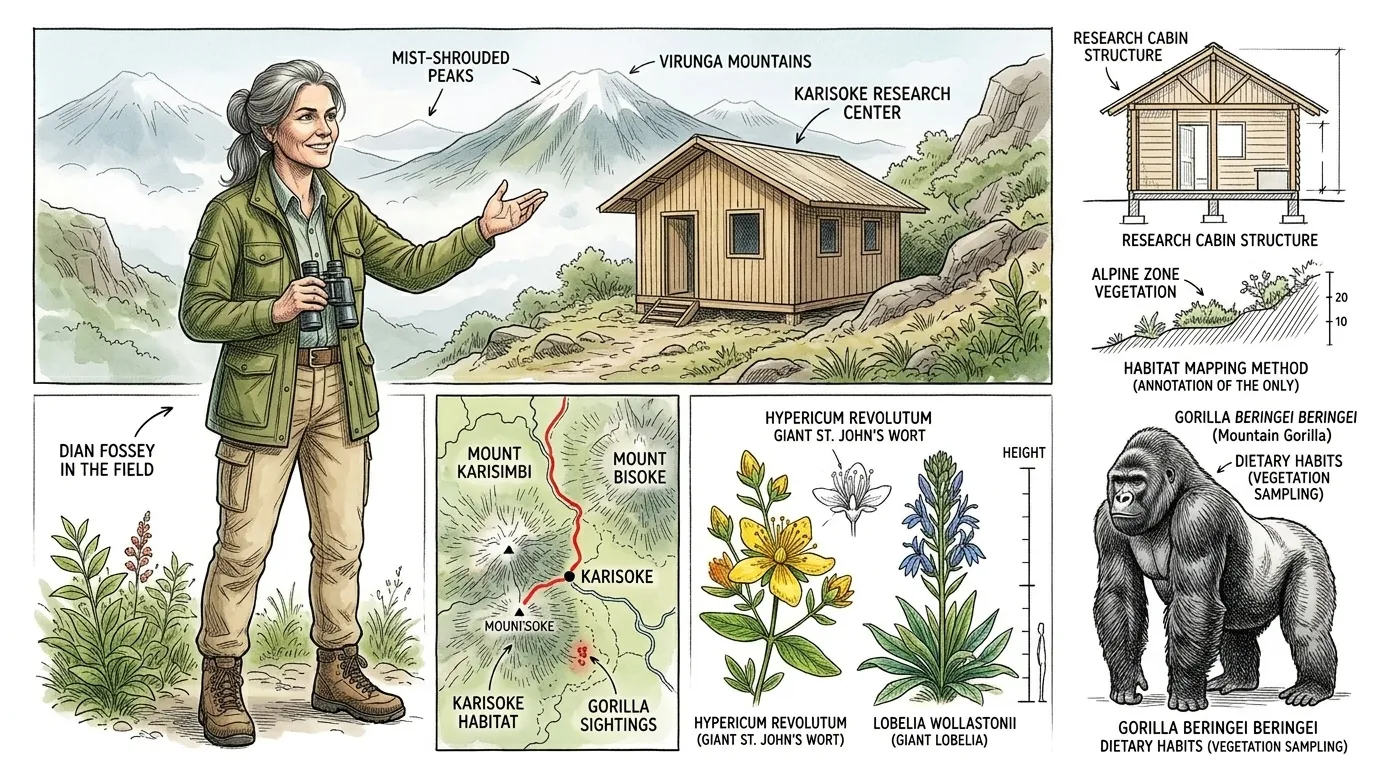 一九六七年,黛安·福西在维龙加山脉中,卡里辛比山和比索克山之间,创立了卡里索克研究中心。这是一项大胆的尝试:在海拔三千多米的高度,建立一个永久性的研… 一九六七年,黛安·福西在维龙加山脉中,卡里辛比山和比索克山之间,创立了卡里索克研究中心。这是一项大胆的尝试:在海拔三千多米的高度,建立一个永久性的研…
