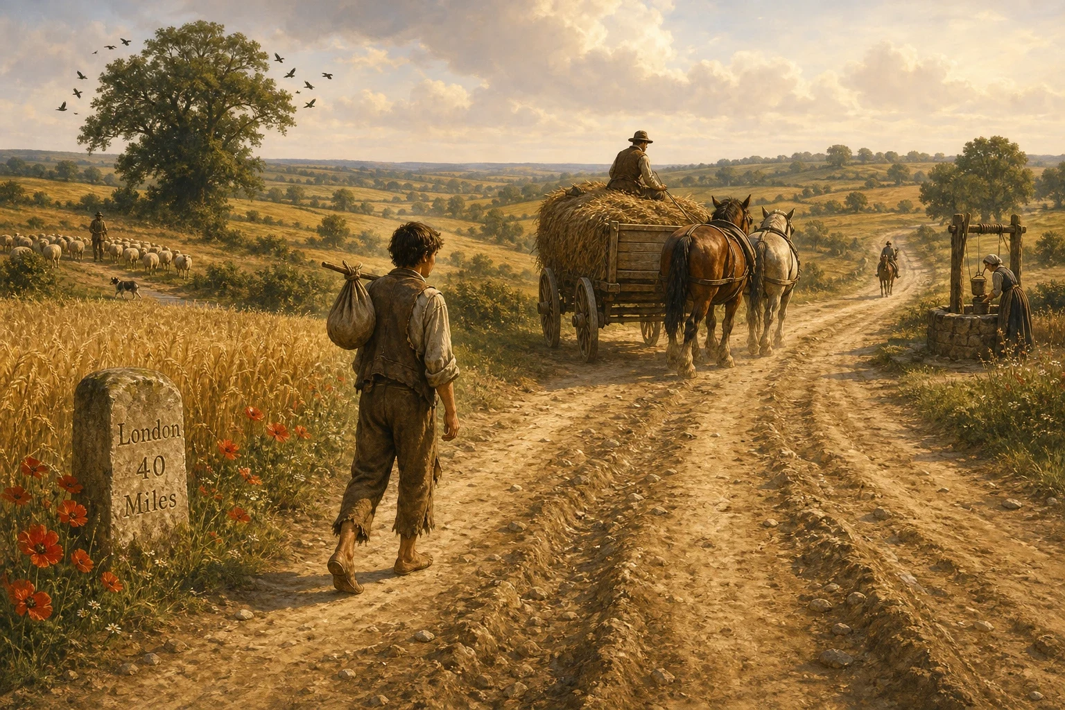 Dick walked for many days. Sometimes a friendly carter would let him ride for a while. ‘London is a fine place, lad,’ one told him, waking from a nap. Dick walked for many days. Sometimes a friendly carter would let him ride for a while. ‘London is a fine place, lad,’ one told him, waking from a nap.