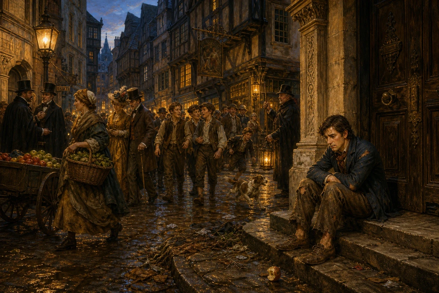 At last, Dick arrived in London. The streets were paved not with gold, but with mud and stone. People rushed past without a glance. At last, Dick arrived in London. The streets were paved not with gold, but with mud and stone. People rushed past without a glance.