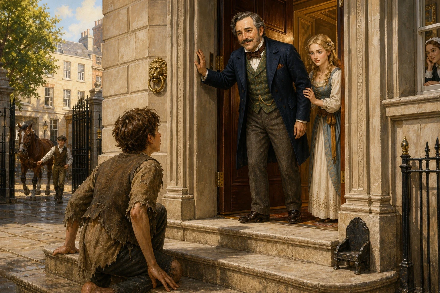The next morning, the great door opened. A man with a kind face stood there, looking down in surprise. His young daughter, Alice, peeked out from behind him. The next morning, the great door opened. A man with a kind face stood there, looking down in surprise. His young daughter, Alice, peeked out from behind him.