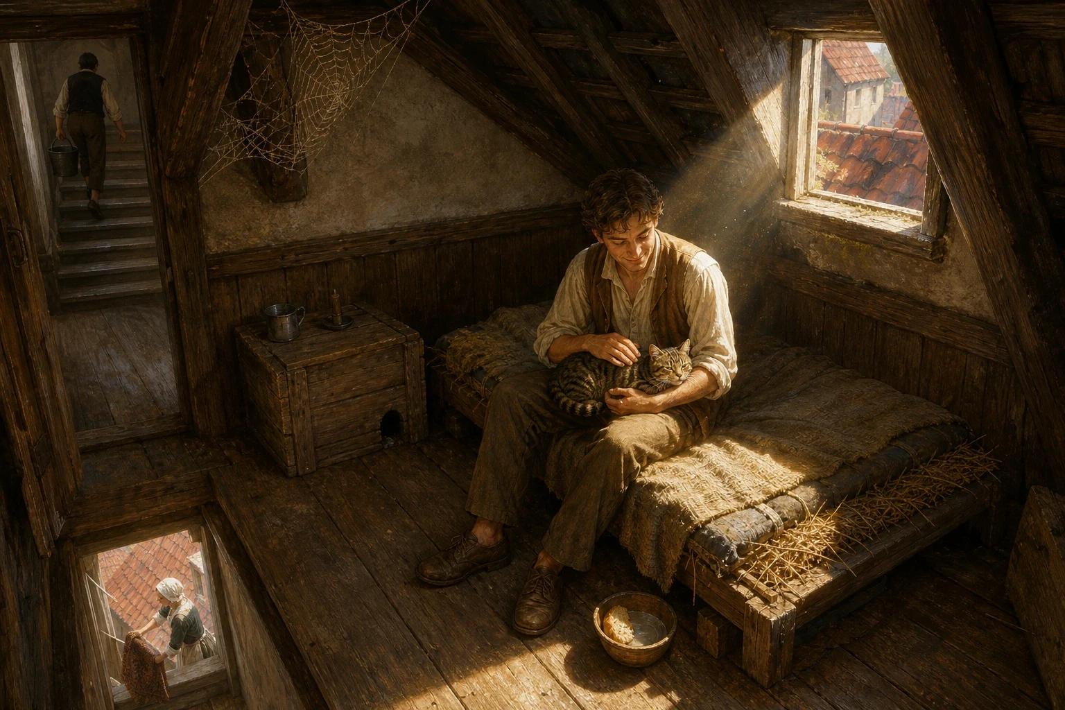 Dick's new room was a tiny attic under the eaves, with a straw pallet for a bed. It was infested with mice and rats. One day, a gentleman gave Dick a penny. Dick's new room was a tiny attic under the eaves, with a straw pallet for a bed. It was infested with mice and rats. One day, a gentleman gave Dick a penny.