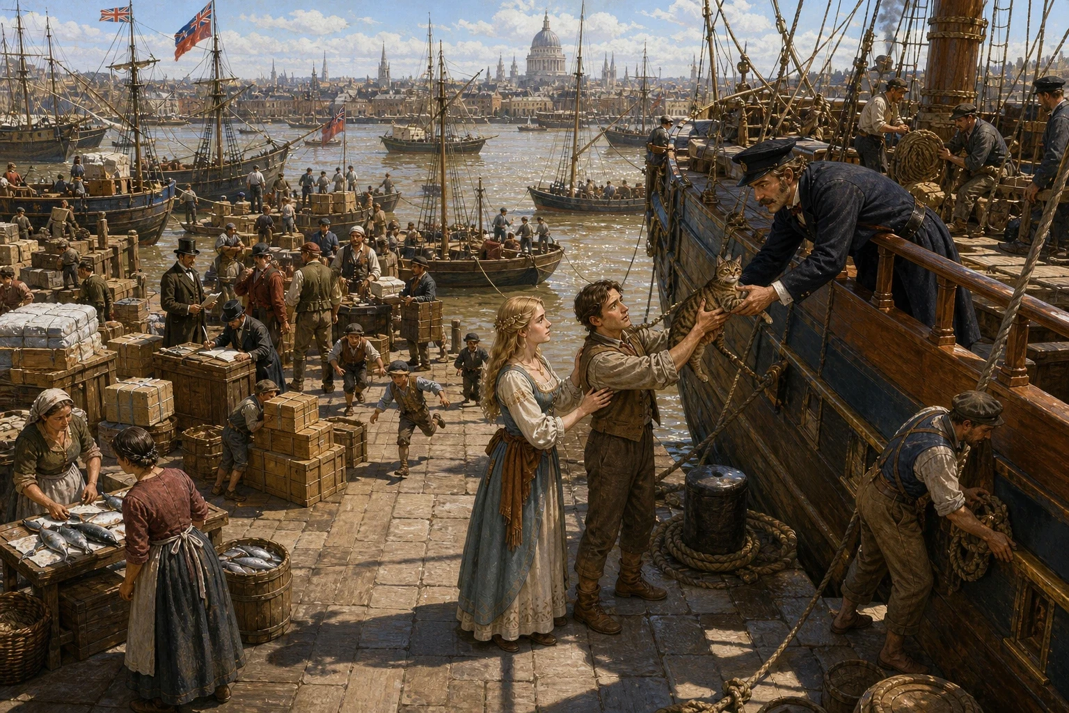 Mr. Fitzwarren's ship, the *Unicorn*, was ready to sail. By custom, everyone in his house could send an item to be traded. Mr. Fitzwarren's ship, the *Unicorn*, was ready to sail. By custom, everyone in his house could send an item to be traded.