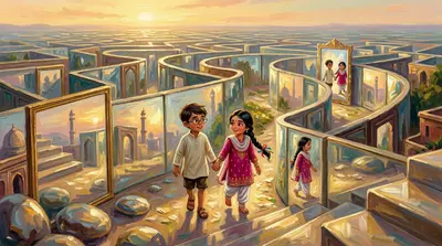 穿过镜子，他们回到了最初的未来迷宫。这次经历改变了他们俩。玛雅，不再只是好奇，而是勇敢；罗汉，不再只是谨慎，而是自信，两人手牵手走着。