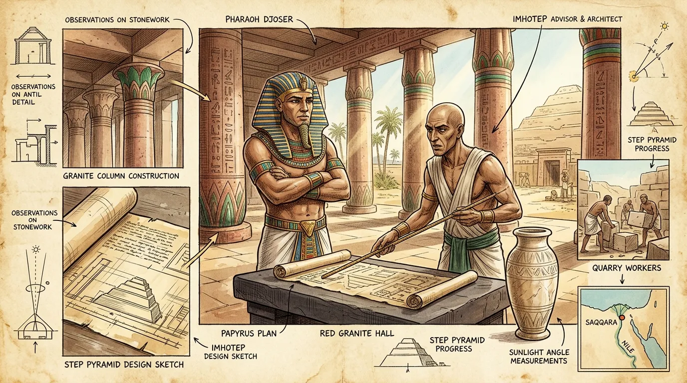 In the bustling capital of Memphis, the king, Djoser, stood within the sun-drenched halls of his palace, the scent of cedar and spices heavy in the air. In the bustling capital of Memphis, the king, Djoser, stood within the sun-drenched halls of his palace, the scent of cedar and spices heavy in the air.