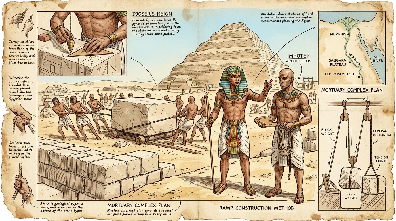 At Saqqara, on the desolate plateau west of Memphis, the first colossal stones were laid. The air vibrated with the rhythmic thud of mallets on chisels and the… At Saqqara, on the desolate plateau west of Memphis, the first colossal stones were laid. The air vibrated with the rhythmic thud of mallets on chisels and the…