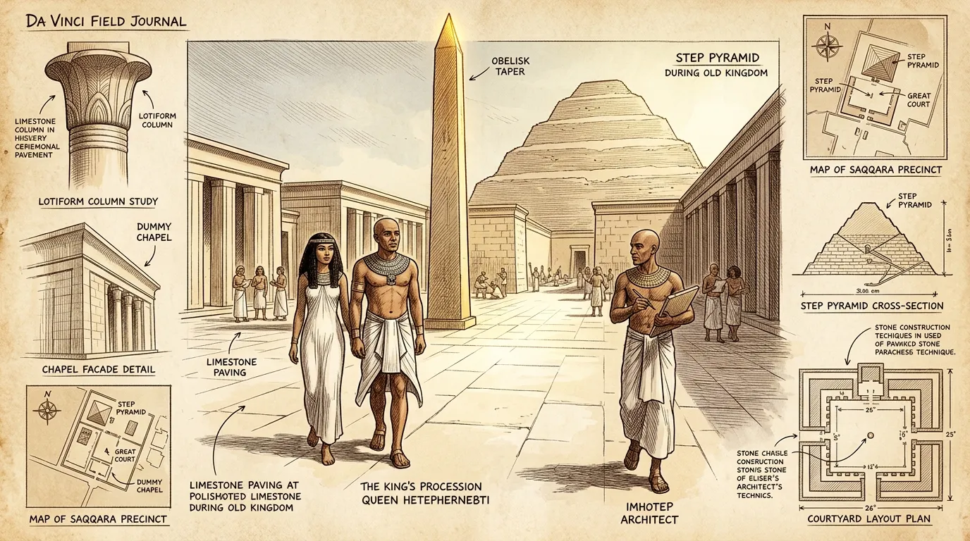 Within the vast enclosure walls of the Step Pyramid complex, the Sed Festival court was brought to life. Here, Djoser, clad in the symbols of his eternal… Within the vast enclosure walls of the Step Pyramid complex, the Sed Festival court was brought to life. Here, Djoser, clad in the symbols of his eternal…