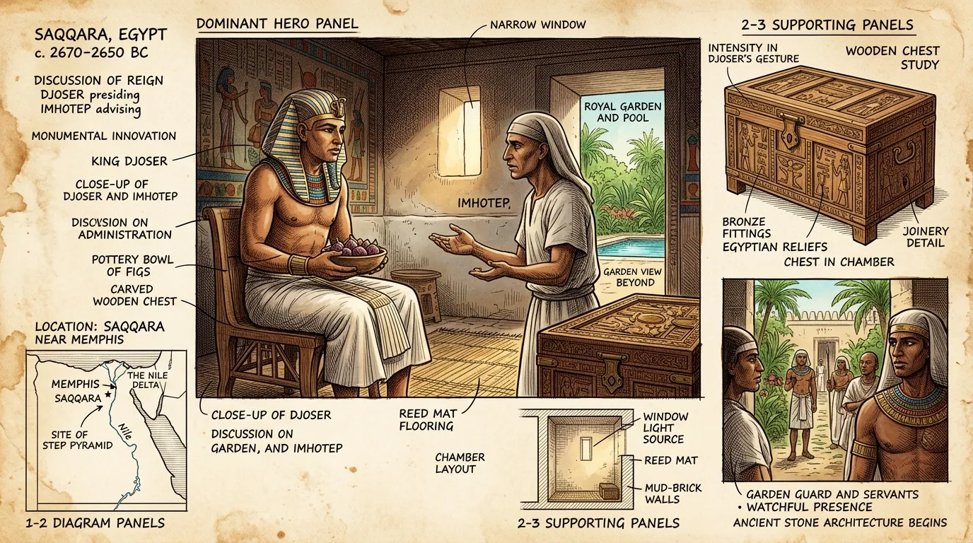 In a private chamber overlooking the royal gardens of Memphis, Djoser sat on a simple stool, the soft rustle of palm fronds drifting through the open window. In a private chamber overlooking the royal gardens of Memphis, Djoser sat on a simple stool, the soft rustle of palm fronds drifting through the open window.