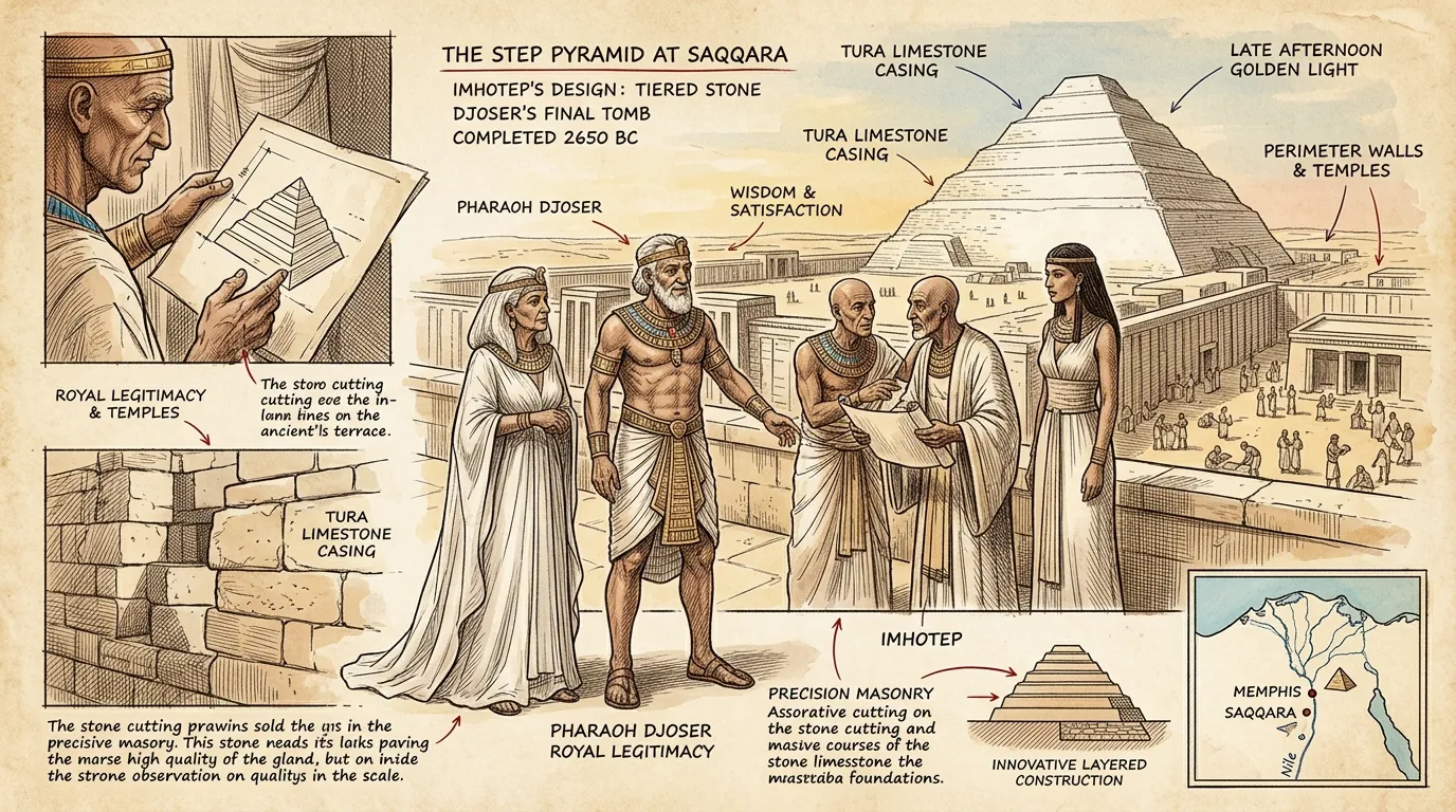 As Djoser's life drew to its close, the majestic Step Pyramid complex stood almost complete, a gleaming beacon against the western desert. As Djoser's life drew to its close, the majestic Step Pyramid complex stood almost complete, a gleaming beacon against the western desert.