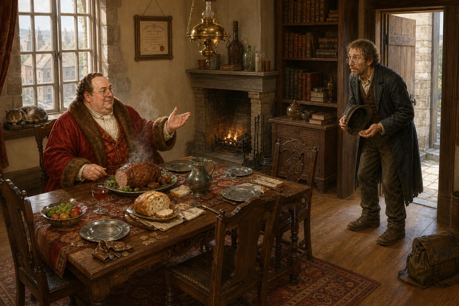 In town, Crabb sold his whole load of wood to a doctor who lived in a fine stone house, and was paid two silver talers for it. In town, Crabb sold his whole load of wood to a doctor who lived in a fine stone house, and was paid two silver talers for it.