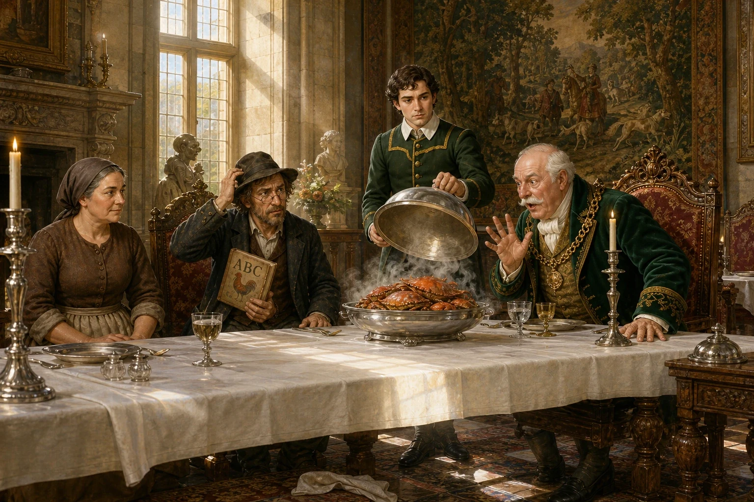 Then the fourth servant was sent in carrying a covered dish, and the lord, eager to test this famous doctor's powers once and for all, asked Crabb to guess what… Then the fourth servant was sent in carrying a covered dish, and the lord, eager to test this famous doctor's powers once and for all, asked Crabb to guess what…