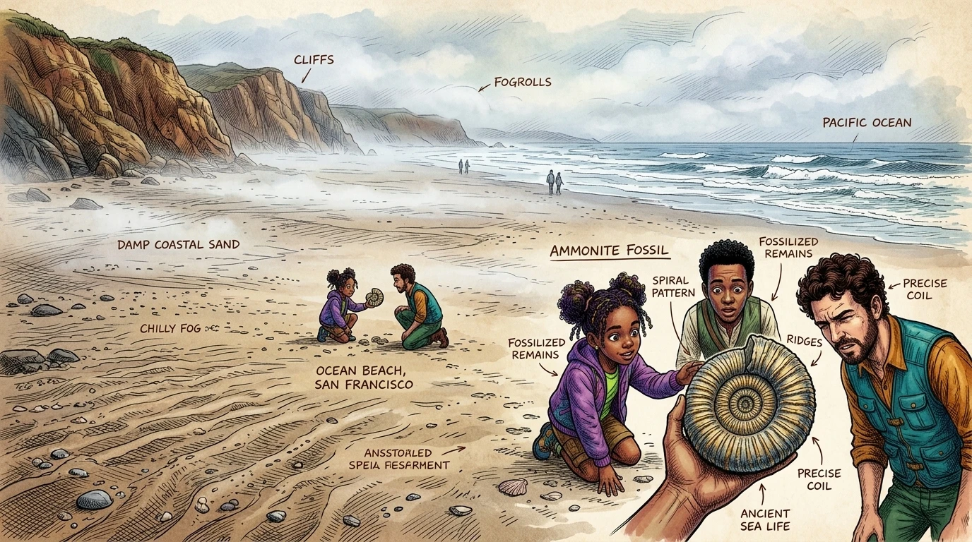 萨米跪在海洋海滩潮湿的沙滩上,冰冷的旧金山大雾弥漫开来。“哇,看我发现了什么!”她喊道,举起一个螺旋形的石头给她的朋友奥宾纳和圣地亚哥看。 萨米跪在海洋海滩潮湿的沙滩上,冰冷的旧金山大雾弥漫开来。“哇,看我发现了什么!”她喊道,举起一个螺旋形的石头给她的朋友奥宾纳和圣地亚哥看。