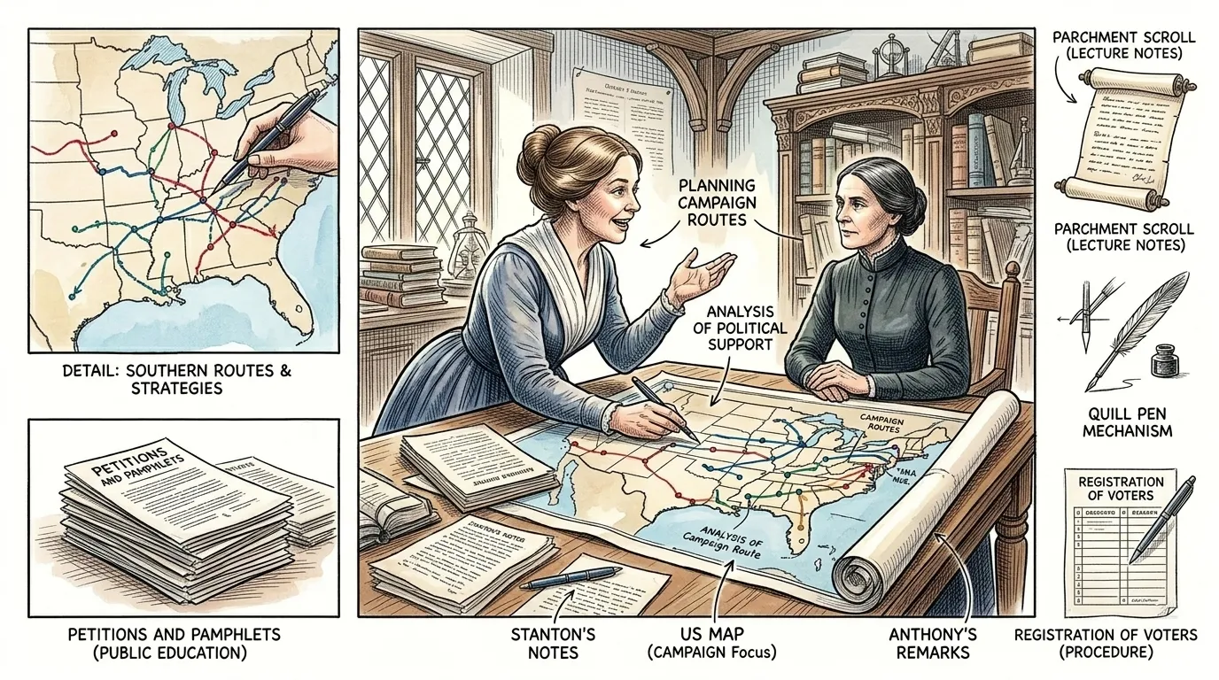 在一八五一年塞内卡福尔斯会议之后,伊丽莎白·卡迪·斯坦顿与苏珊·B·安东尼建立了强大的合作关系。安东尼是一位不懈的组织者和禁酒倡导者。 在一八五一年塞内卡福尔斯会议之后,伊丽莎白·卡迪·斯坦顿与苏珊·B·安东尼建立了强大的合作关系。安东尼是一位不懈的组织者和禁酒倡导者。