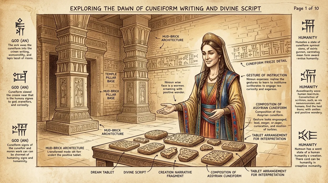 The humid air hangs heavy in Uruk, circa 2100 BC. The high priestess, Ninsun, stands before the newly inscribed clay tablets, the Epic of Gilgamesh. The humid air hangs heavy in Uruk, circa 2100 BC. The high priestess, Ninsun, stands before the newly inscribed clay tablets, the Epic of Gilgamesh.