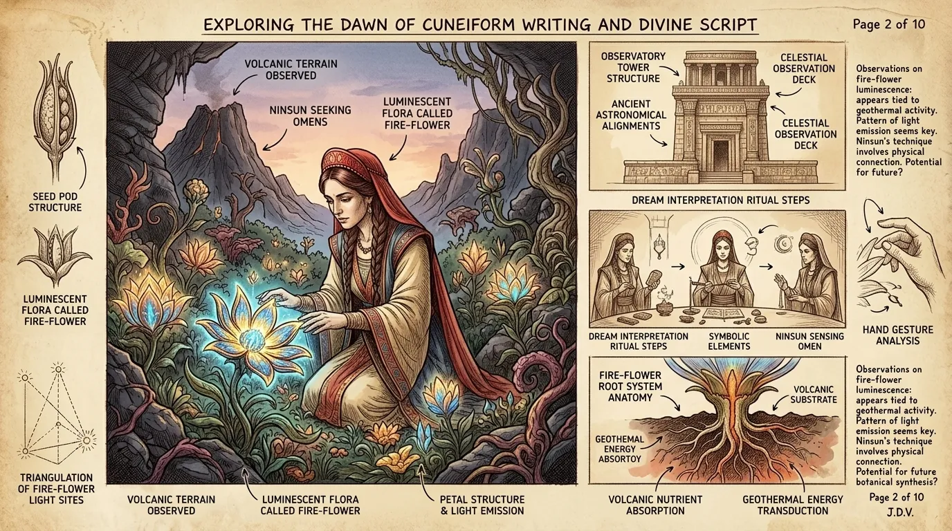 Ninsun seeks guidance from the fire-flowers, their petals glowing with otherworldly light. She studies their patterns, searching for omens to understand… Ninsun seeks guidance from the fire-flowers, their petals glowing with otherworldly light. She studies their patterns, searching for omens to understand…