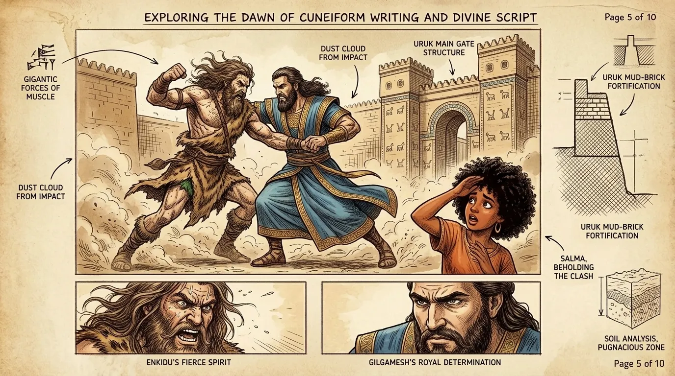 Enkidu arrives in Uruk, challenging Gilgamesh's authority. The two titans meet in a fierce battle, the earth trembling beneath their feet. Enkidu arrives in Uruk, challenging Gilgamesh's authority. The two titans meet in a fierce battle, the earth trembling beneath their feet.