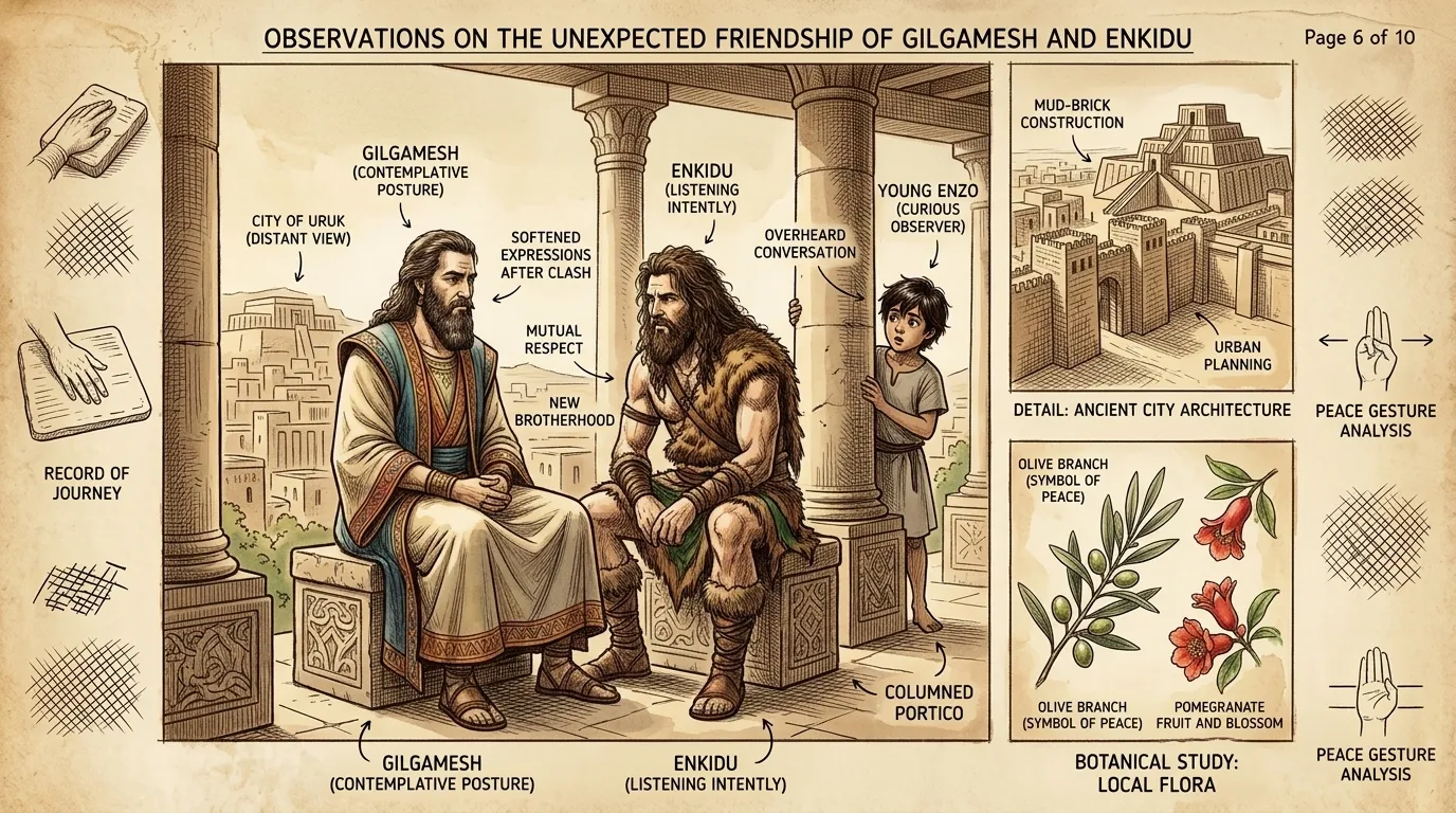After their epic clash, Gilgamesh and Enkidu find respect, then brotherhood. They share stories, dreams, and a thirst for adventure. After their epic clash, Gilgamesh and Enkidu find respect, then brotherhood. They share stories, dreams, and a thirst for adventure.