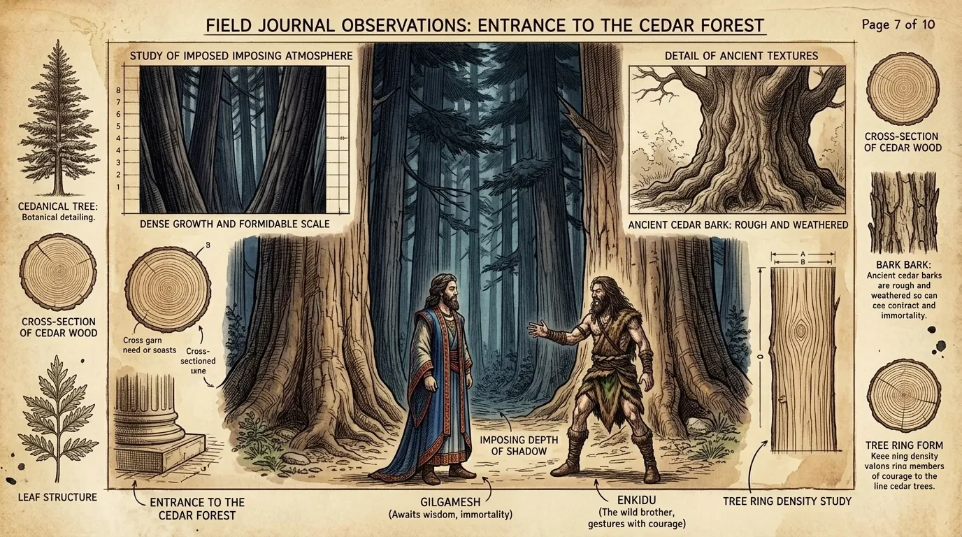 Gilgamesh and Enkidu venture to the Cedar Forest, guarded by the monstrous Humbaba. The air is thick with dread, the forest ancient and imposing. Gilgamesh and Enkidu venture to the Cedar Forest, guarded by the monstrous Humbaba. The air is thick with dread, the forest ancient and imposing.