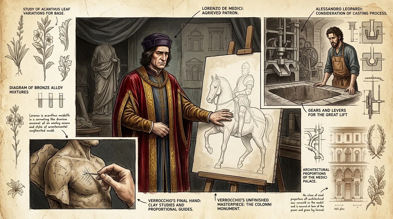 Tragedy struck. Verrocchio fell ill and died in Venice before completing the bronze casting. His death threatened to derail the entire project. Tragedy struck. Verrocchio fell ill and died in Venice before completing the bronze casting. His death threatened to derail the entire project.