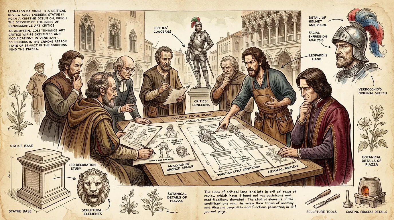 Art critics and scholars debated Leopardi's changes to Verrocchio's design. Some praised his technical skill, while others argued that he had compromised the… Art critics and scholars debated Leopardi's changes to Verrocchio's design. Some praised his technical skill, while others argued that he had compromised the…
