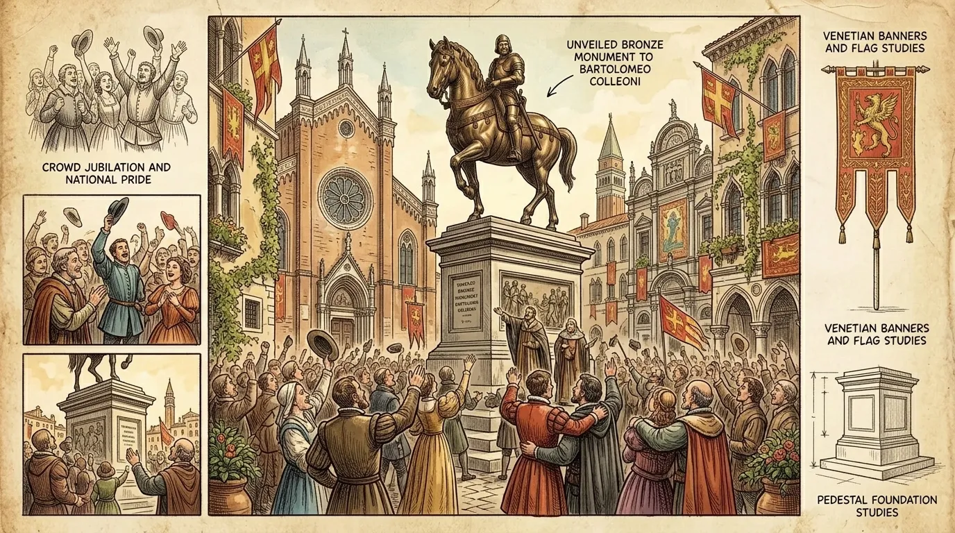 The completed statue was installed in the Campo San Zanipolo. The unveiling was a grand spectacle, attended by dignitaries and citizens. The completed statue was installed in the Campo San Zanipolo. The unveiling was a grand spectacle, attended by dignitaries and citizens.