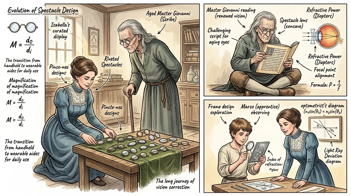 From cumbersome hand-held devices, eyeglasses evolved through riveted 'pince-nez' styles to designs resting on the nose or, eventually, temples extending over… From cumbersome hand-held devices, eyeglasses evolved through riveted 'pince-nez' styles to designs resting on the nose or, eventually, temples extending over…