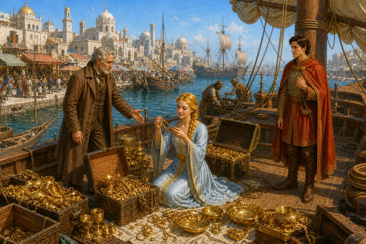 At last the ship reached the princess's country and dropped anchor in her harbor. Faithful John went ashore alone, carrying one golden cup so beautifully made… At last the ship reached the princess's country and dropped anchor in her harbor. Faithful John went ashore alone, carrying one golden cup so beautifully made…