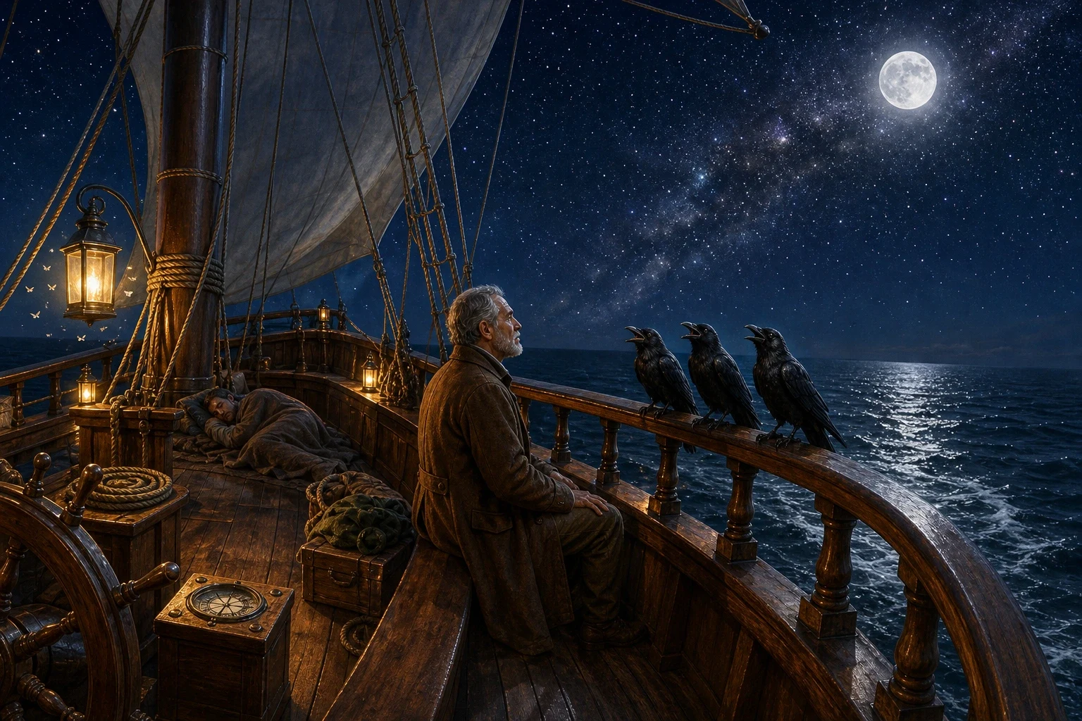 Out on the open sea, the princess discovered the ship was moving and grew frightened, until the young king came to her and told her the truth — that he had… Out on the open sea, the princess discovered the ship was moving and grew frightened, until the young king came to her and told her the truth — that he had…