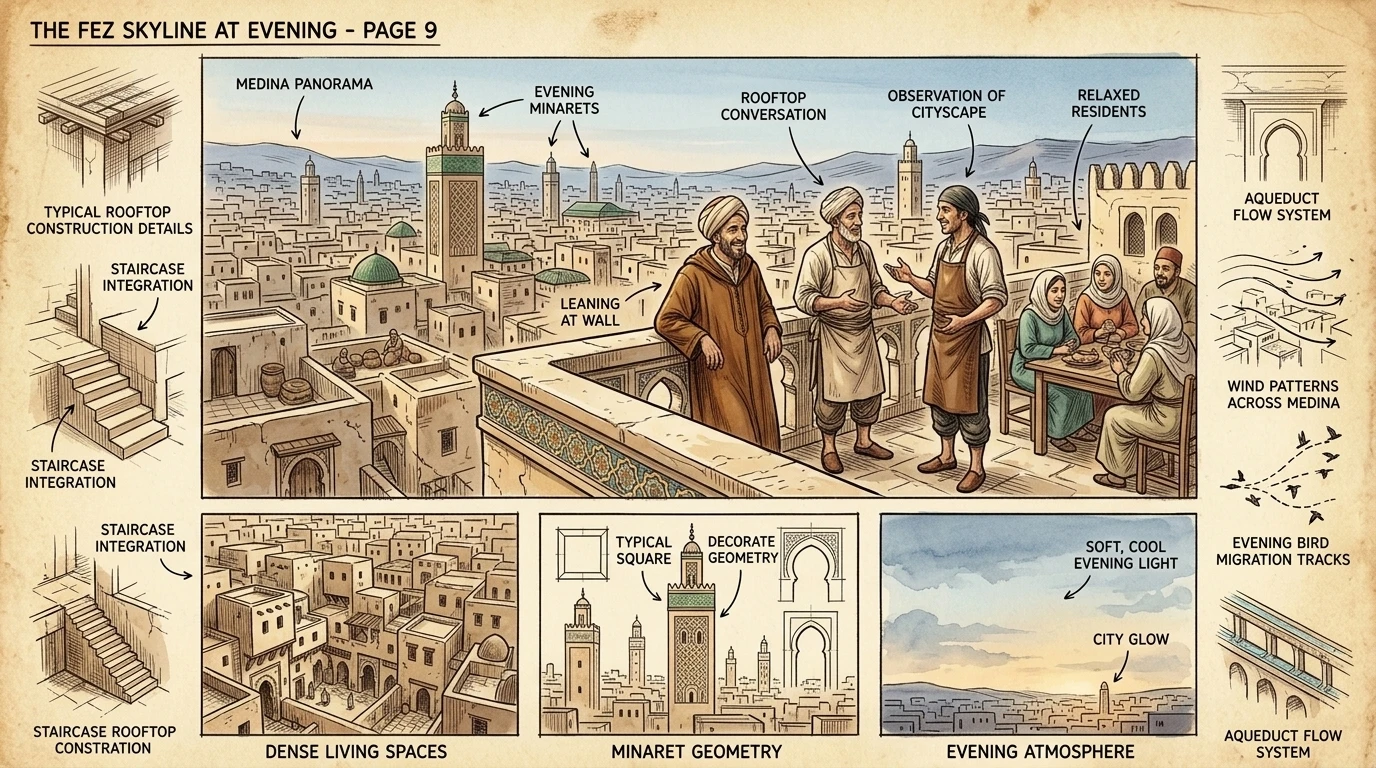 从非斯（Fez）的屋顶望去，麦地那（medina）在眼前铺展开一幅令人惊叹的画卷，密集的建筑和宣礼塔尽收眼底。居民们聚集在这些屋顶上，享受凉爽的晚风…