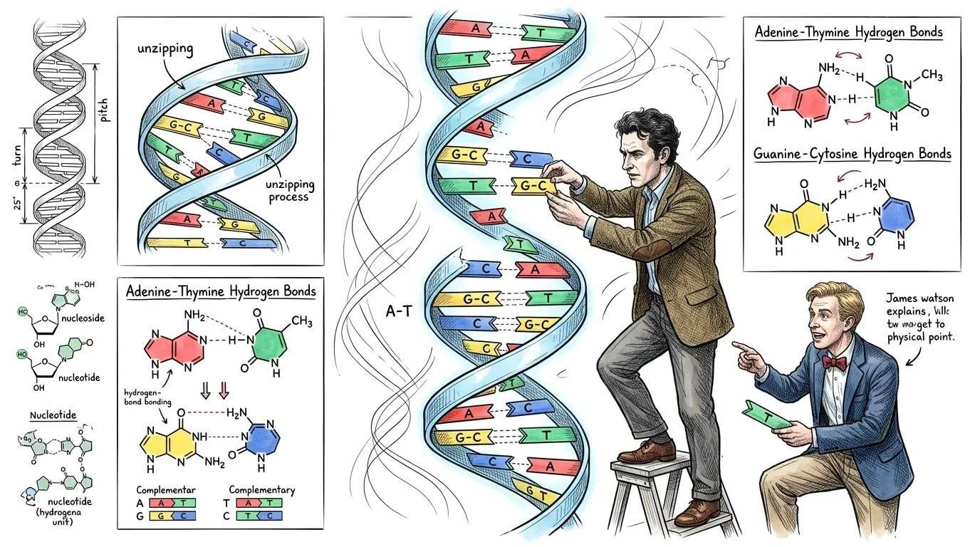 结果是科学推断和直觉的胜利:双螺旋结构。这种精巧的结构揭示了DNA是由两条糖磷酸链相互缠绕,形成一个螺旋阶梯。这个阶梯的“阶梯面”是由特定的含氮碱基… 结果是科学推断和直觉的胜利:双螺旋结构。这种精巧的结构揭示了DNA是由两条糖磷酸链相互缠绕,形成一个螺旋阶梯。这个阶梯的“阶梯面”是由特定的含氮碱基…