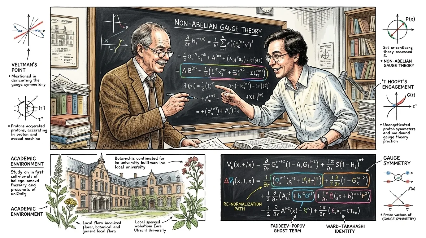 在二十世纪六十年代末和七十年代初,两位荷兰物理学家,马丁努斯·费尔特曼和他的博士生赫拉德·特·胡夫特,接受了这项艰巨的挑战。 在二十世纪六十年代末和七十年代初,两位荷兰物理学家,马丁努斯·费尔特曼和他的博士生赫拉德·特·胡夫特,接受了这项艰巨的挑战。