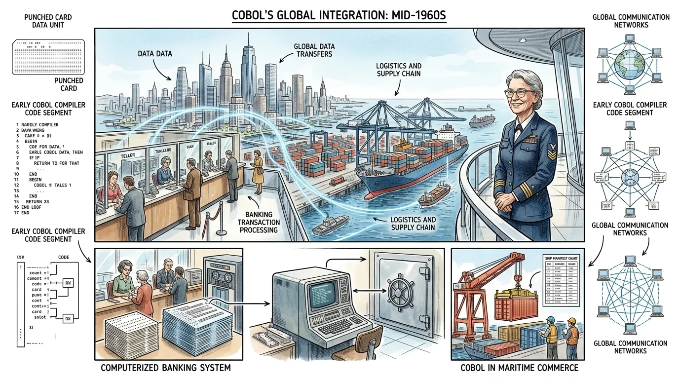 到二十世纪六十年代中期,COBOL 已成为商业、政府和军事计算领域无可争议的全球标准。格蕾丝·霍珀的愿景已然实现,成为数字时代的基础支柱。 到二十世纪六十年代中期,COBOL 已成为商业、政府和军事计算领域无可争议的全球标准。格蕾丝·霍珀的愿景已然实现,成为数字时代的基础支柱。