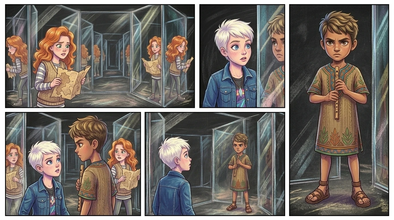 一个声音在迷宫中回荡:“没那么快!”一个身影从反光板后面走了出来——一个留着短短的、有自然波浪的深金色头发的男孩,穿着一件图案复杂的束腰外衣。 一个声音在迷宫中回荡:“没那么快!”一个身影从反光板后面走了出来——一个留着短短的、有自然波浪的深金色头发的男孩,穿着一件图案复杂的束腰外衣。