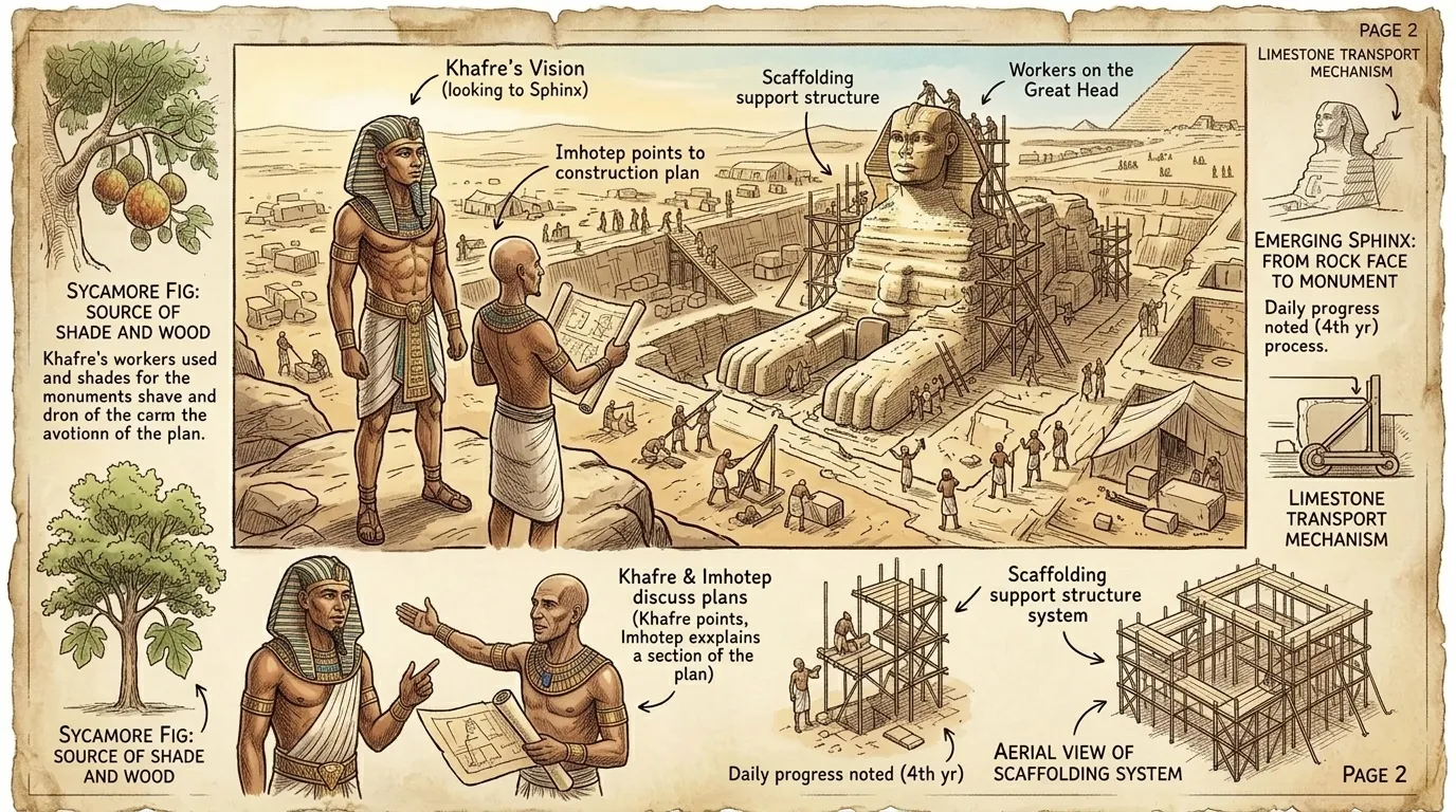 An illustrated page from “Great Sphinx of Giza by Ancient Egyptian artisans (Giza, Egypt — c. 2500 BC)”, a story in Wonder Arts