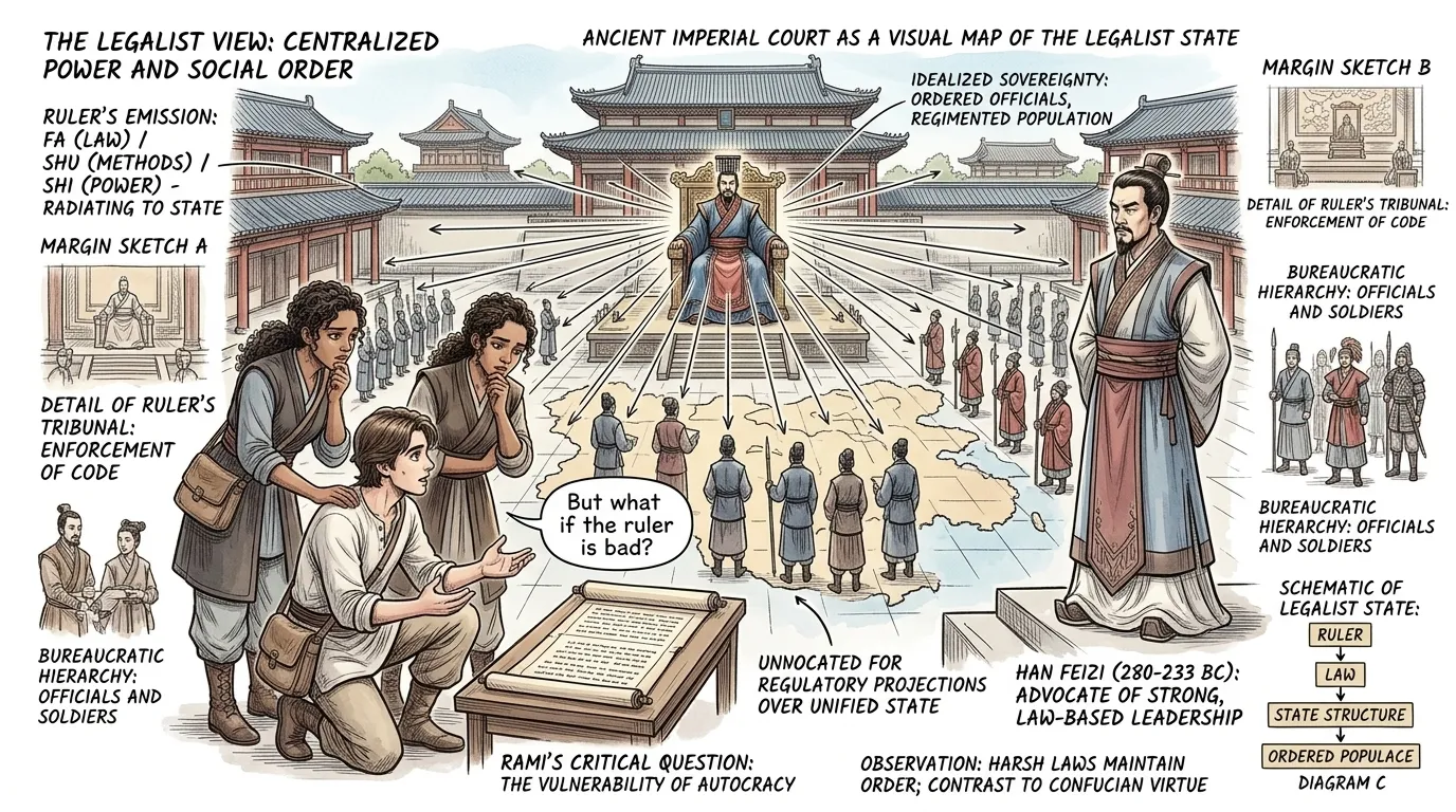 韩非子认为,君主应该强大果断,保持绝对权威。君主应该利用法律和规章制度来控制官僚机构,防止腐败。他主张建立一个权力集中在君主手中的中央集权国家。 韩非子认为,君主应该强大果断,保持绝对权威。君主应该利用法律和规章制度来控制官僚机构,防止腐败。他主张建立一个权力集中在君主手中的中央集权国家。
