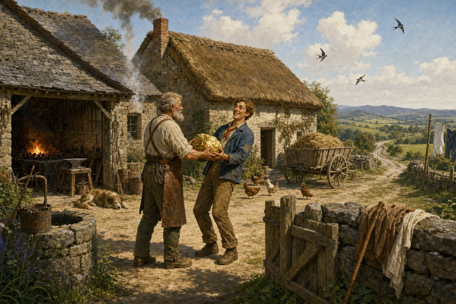 Hans had served his master for seven long years, through plowing seasons and harvests, through hard winters and short summers, and now at last his time was up. Hans had served his master for seven long years, through plowing seasons and harvests, through hard winters and short summers, and now at last his time was up.