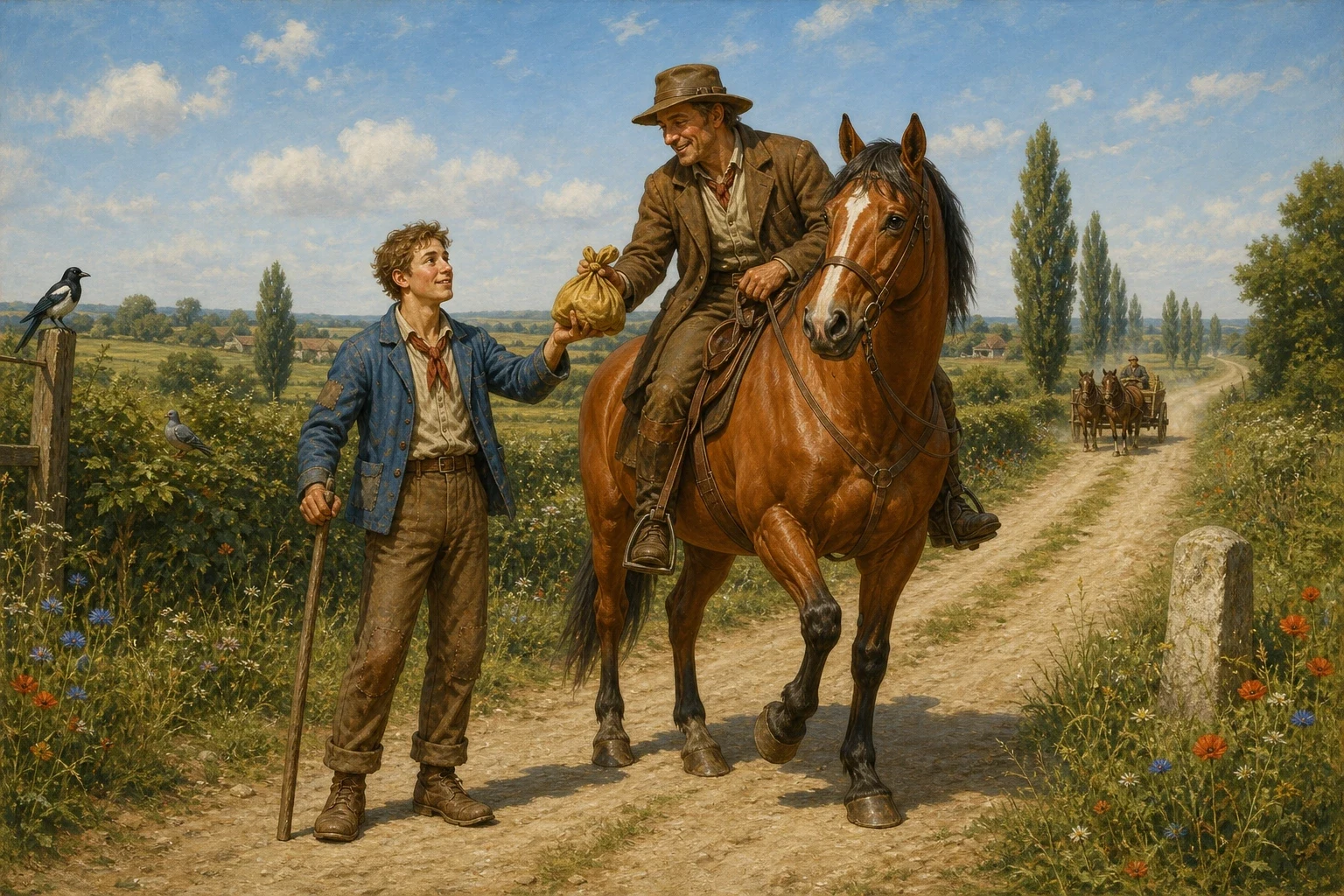 Hans trudged on down the long road, and the lump of gold grew heavier with every mile, pressing on his shoulder until it ached. Hans trudged on down the long road, and the lump of gold grew heavier with every mile, pressing on his shoulder until it ached.