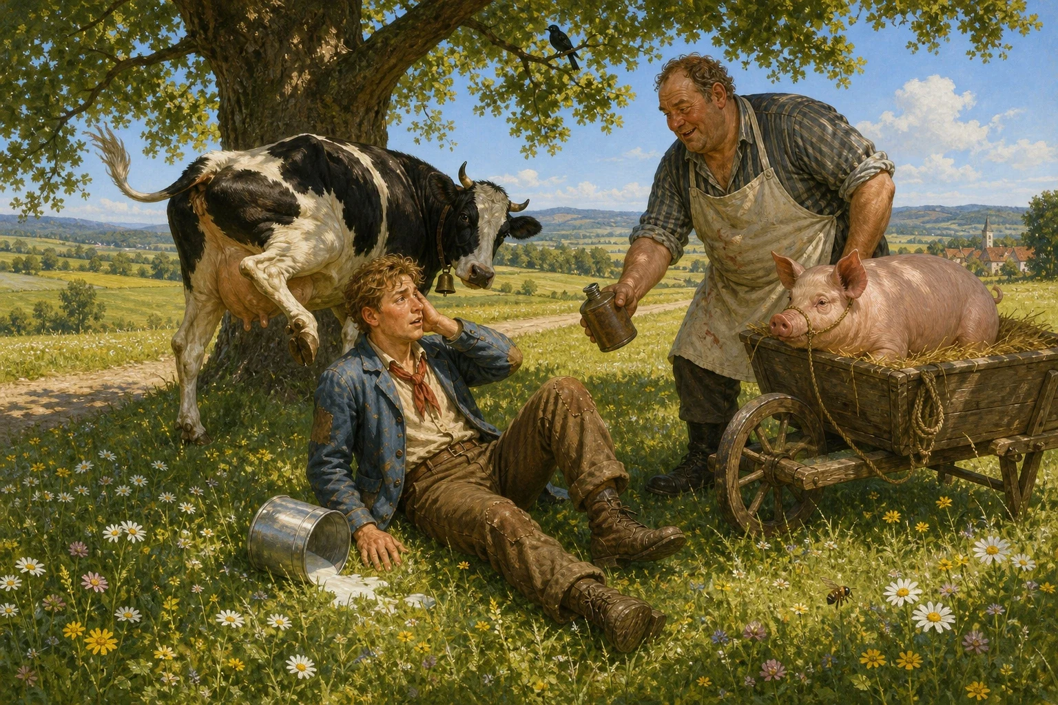 By midday the sun was hot and Hans grew thirsty, so he led the cow under a shady tree and knelt down to milk her for a cool drink. By midday the sun was hot and Hans grew thirsty, so he led the cow under a shady tree and knelt down to milk her for a cool drink.