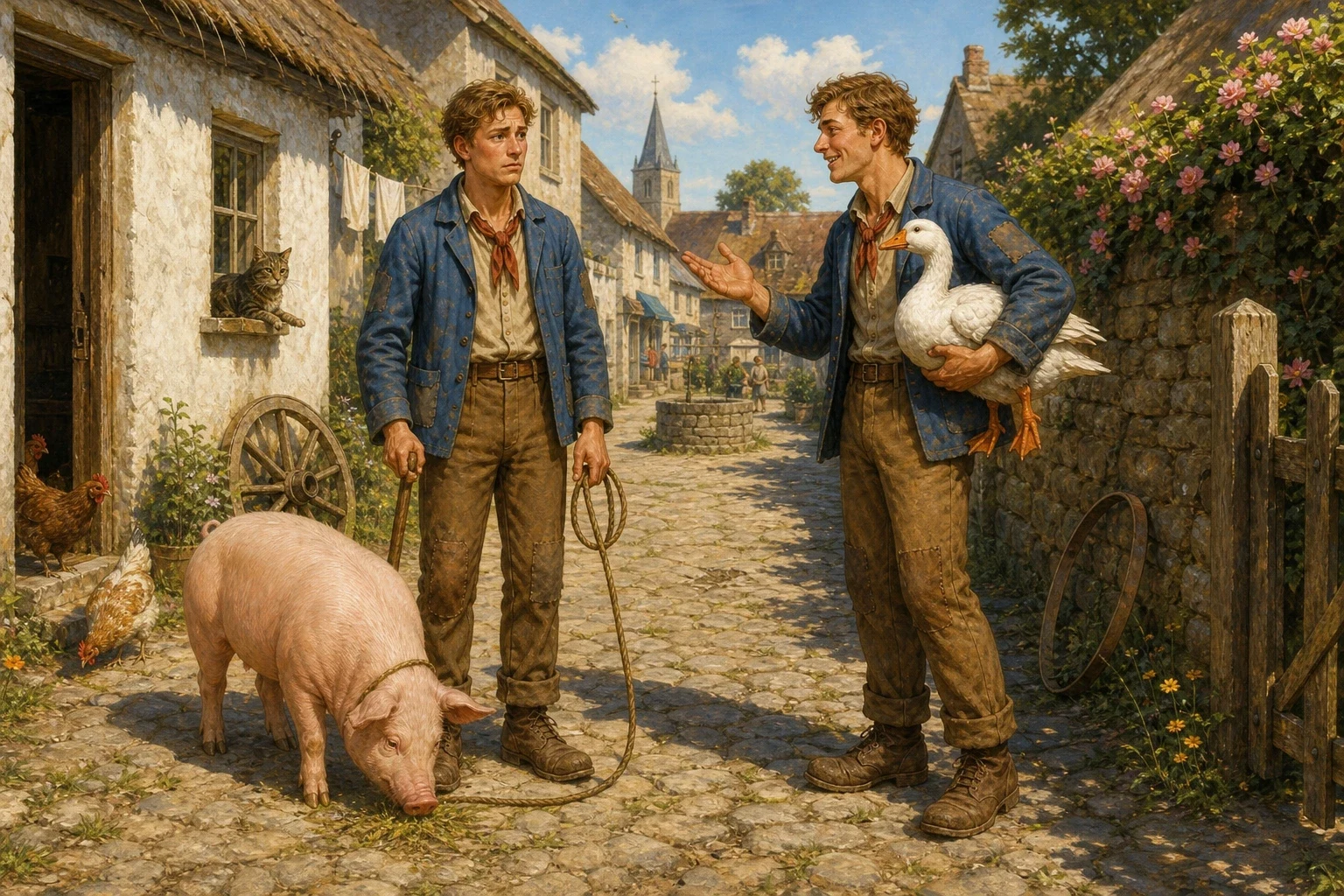 Hans walked on, well pleased with his bargain, leading the pig by a bit of rope. Before long he came to a narrow village lane, where he met a young fellow… Hans walked on, well pleased with his bargain, leading the pig by a bit of rope. Before long he came to a narrow village lane, where he met a young fellow…