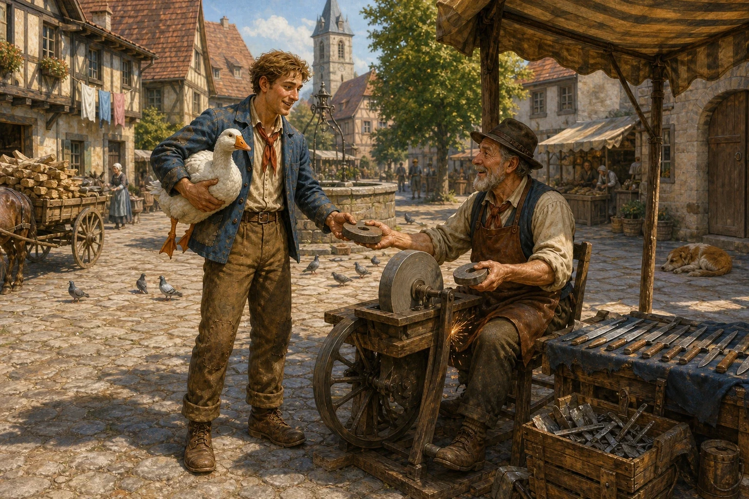 Carrying the goose under his arm, Hans came into the village square, where an old scissor-grinder sat at his wheel, singing merrily as he worked and sharpening… Carrying the goose under his arm, Hans came into the village square, where an old scissor-grinder sat at his wheel, singing merrily as he worked and sharpening…