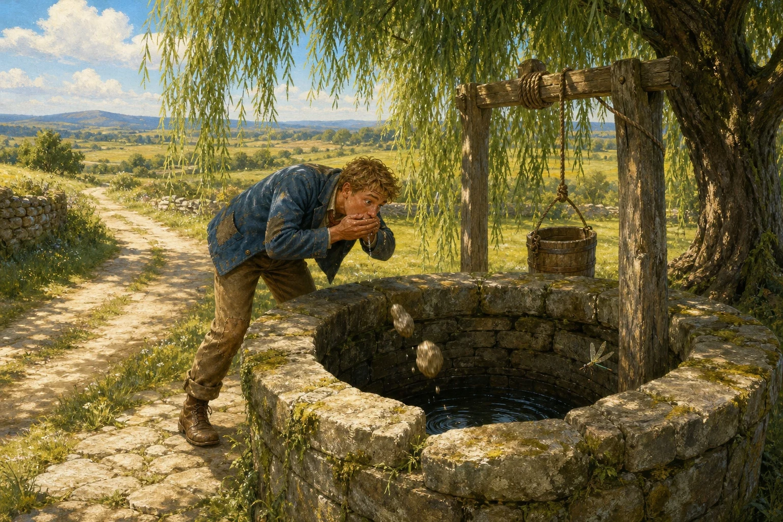 At last Hans came to a well beside the road, with a low stone rim and a bucket on a rope hanging inside it. Overjoyed, he set his two heavy stones carefully on… At last Hans came to a well beside the road, with a low stone rim and a bucket on a rope hanging inside it. Overjoyed, he set his two heavy stones carefully on…