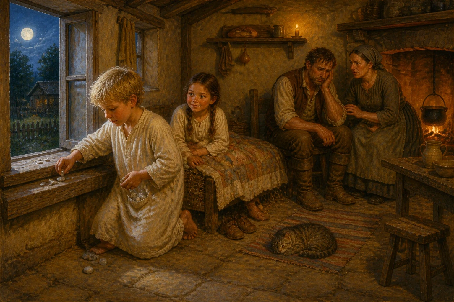 That night, when the children lay on their straw beds, they heard the stepmother talking low and worried by the fire. There was not enough food for four, she…