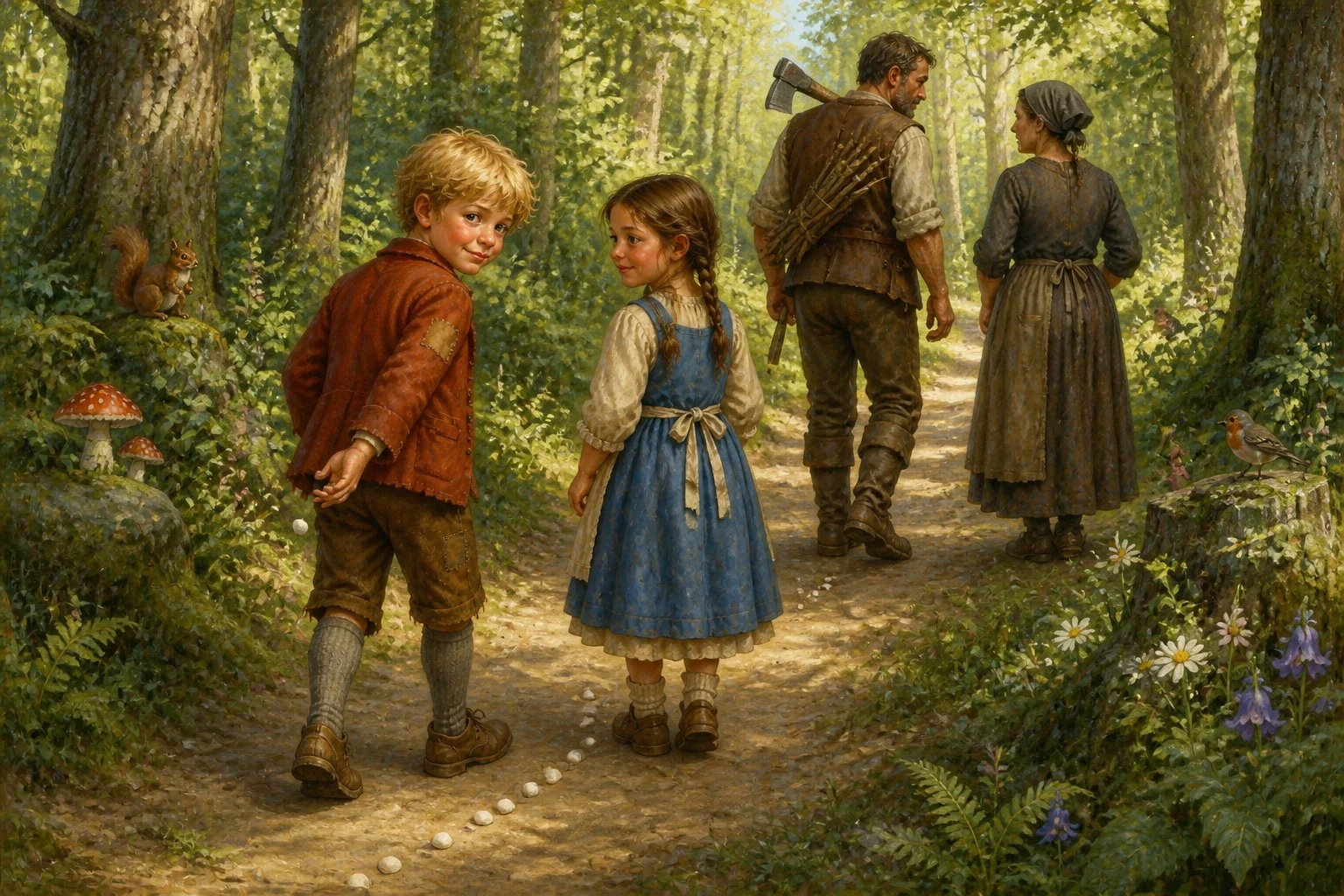 At first light they all set out into the forest together. The stepmother had given each child a little piece of bread for later, and told them to save it.