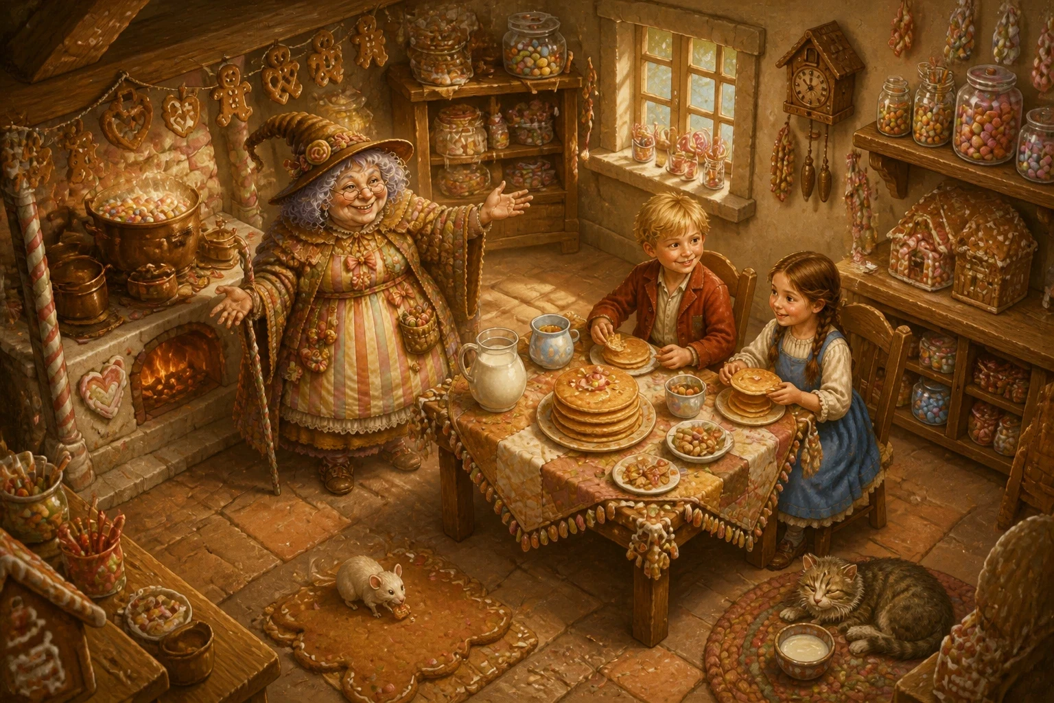 The door of the sweet house opened, and out came a small, round old woman leaning on a twisty candy-cane stick, with round spectacles on her hooked nose and a…