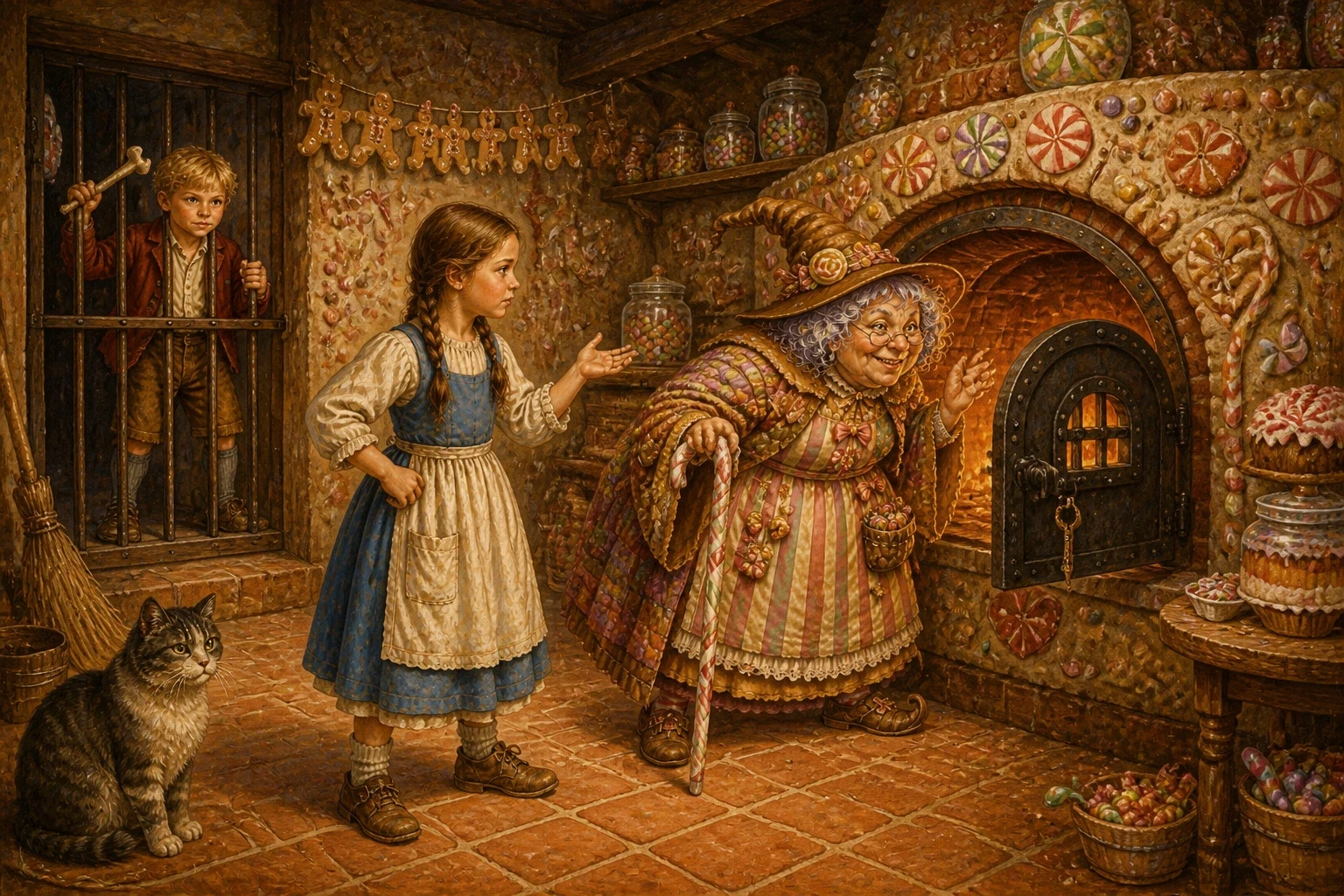 For days the witch kept Hansel in a cosy little room and fed him treats, while Gretel scrubbed and swept and watched and thought.
