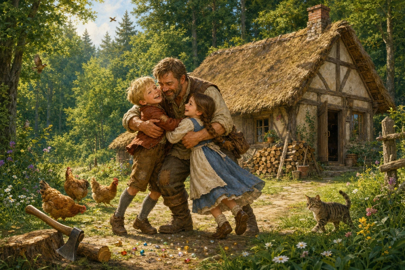 At last, through the trees, they saw it — their own little cottage at the edge of the great forest, exactly where they had left it.